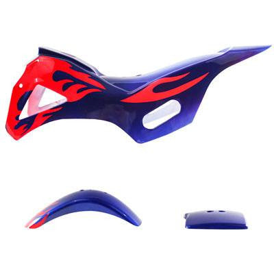 Mini Dirt Bike Body Fender - 3 piece - Blue with Red Flames - Image 2