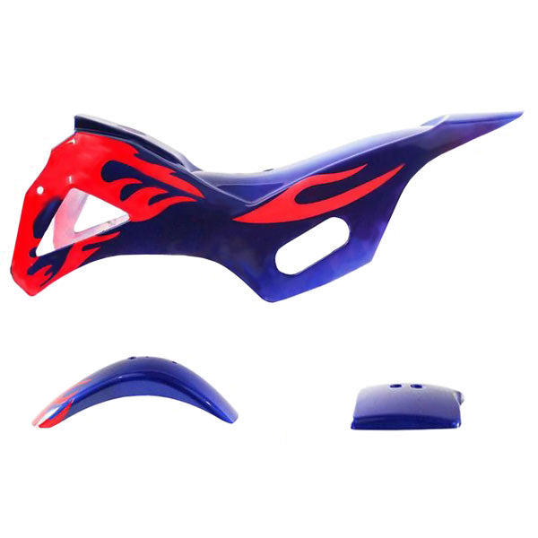 Mini Dirt Bike Body Fender - 3 piece - Blue with Red Flames